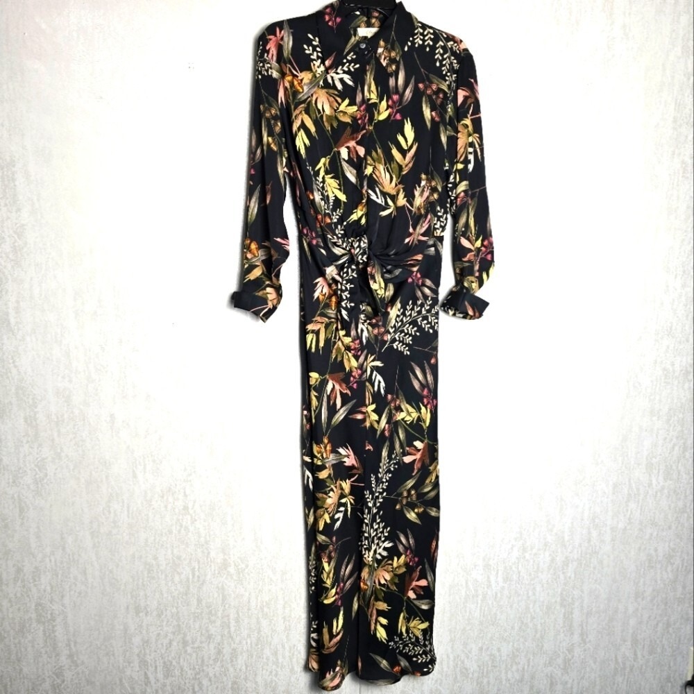 Elan Womens M Maxi Dress Long Lng Sleeve Tie Waist Button Up Black Olive Floral